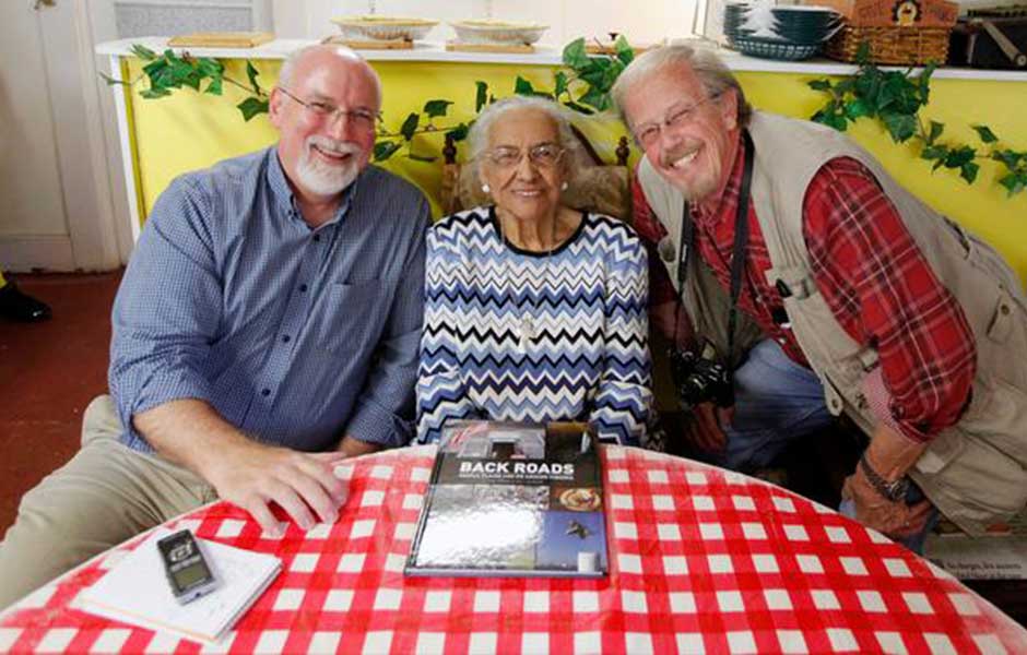 Bill Lohmann, and Bob Brown, with Mary Fannie Woodruff at Woodruff's Cafe and Pie Shop in Agricola, VA.