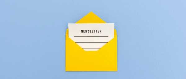 On a blue background there is a yellow envelope. The envelope is open, and a letter is popping out. At the top of letter it says "newsletter"