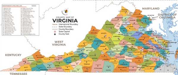 A colorful map of Virginia is pictured.