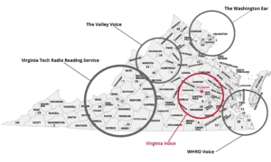 A map indicating broadcast areas for radio reading and information services in Virginia is pictured.